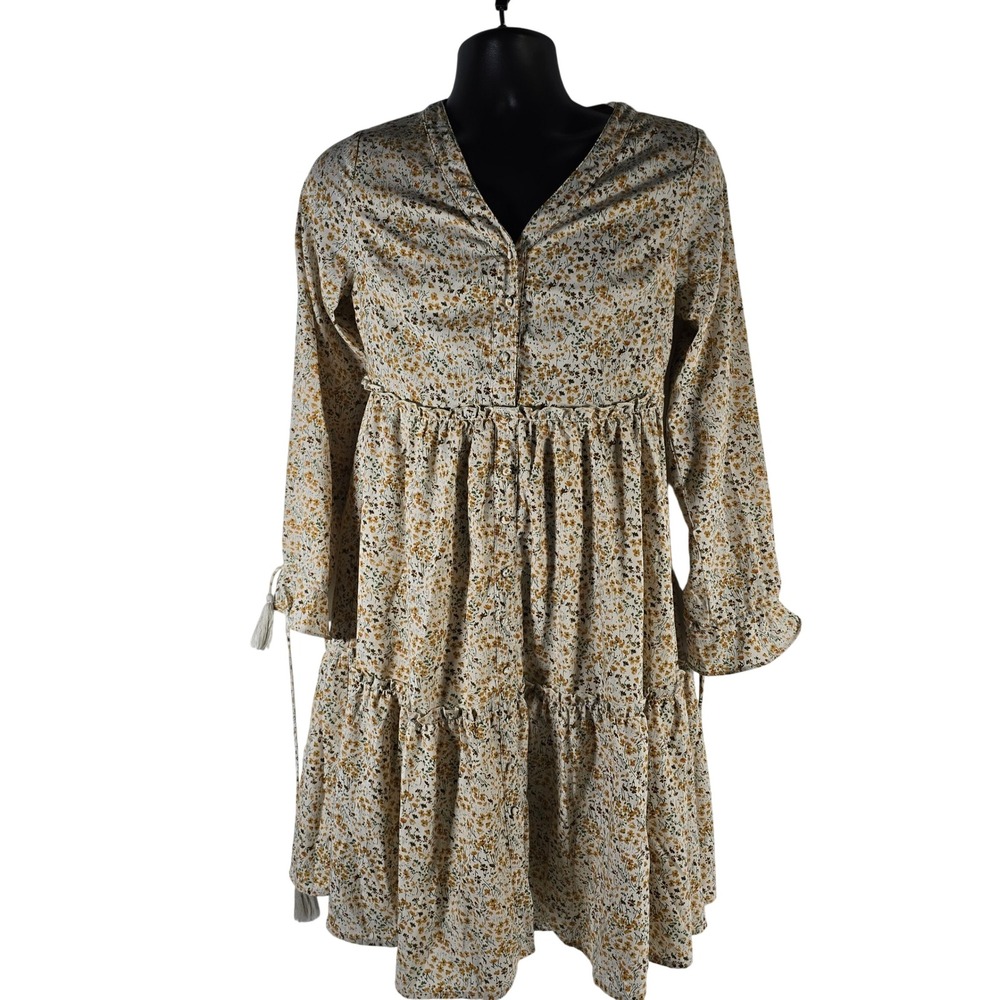 Mikarose Floral Print Tiered Midi Dress Button Front V Neck Long Sleeve‎ Tan
